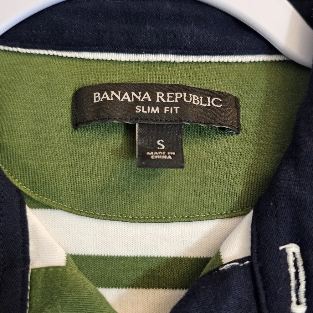 Banana Republic Nautical Slim Fot Green Navy Striped Polo Shirt Size Small